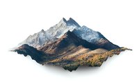 Majestic snow-capped mountain peaks rise above autumn forest landscape, isolated on white background for creative design projects and marketing materials.