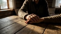 Male hands resting on wooden table in warm sunlight, conveying contemplation, grief, or meditation. Suitable for mental health, spirituality, and wellness content.
