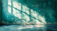 Atmospheric empty room with dramatic window light casting geometric shadows on turquoise wall and reflective floor, creating moody cinematic ambiance.