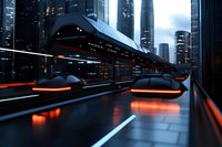 Futuristic urban transportation system with glowing hover vehicles on elevated track against illuminated skyscrapers at night, reflecting neon lights and modern architecture.