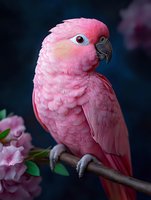 Pink cockatoo perched on branch with soft feathers and bright blue eyes against dark background, near delicate pink flowers. Exotic bird portrait in natural setting.
