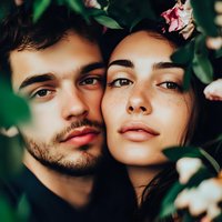 Young couple with diverse ethnicities posing together among blooming flowers and green foliage, displaying affection and connection in natural outdoor setting.