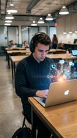 Young Caucasian businessman with headphones working on laptop in modern office with digital communication icons overlay for remote work concepts.