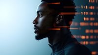 Profile silhouette of young African American man with modern orange light effects and digital scan lines against blue background, futuristic cyberpunk style.