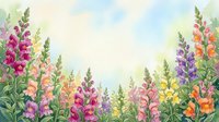 Watercolor snapdragon flowers in pink, purple, orange and yellow frame a soft sky background, creating a vibrant floral border for cards and prints.