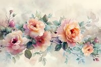 Delicate peach and pink roses with soft green foliage on misty background, romantic floral composition in pastel watercolor style for wall art and home decor.