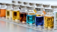 Row of colorful liquid samples in glass vials on transparent tray, showcasing laboratory testing or scientific research in chemistry.