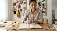 Professional female jewelry designer working at desk with sketches and accessories in creative studio workspace.