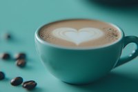 Turquoise coffee cup with heart-shaped latte art foam on teal background with scattered coffee beans, creating romantic cafe atmosphere for food blogs and menus.