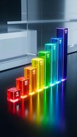 Neon glowing bar chart with ascending columns in rainbow colors displaying percentage values from 11 to 100, set on reflective surface in modern office environment for business analytics and growth visualization.