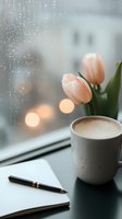 Cozy morning atmosphere with coffee cup, peach tulips, and notebook by rainy window. Soft bokeh lights create peaceful mood for writing or relaxation.