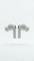 Pair of white wireless earbuds with green accents and noise-canceling ear tips, isolated on neutral background for product marketing and tech retail use.