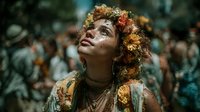 Young woman with curly reddish-brown hair and fair complexion wearing ornate gold-embellished clothing, looking upward in contemplative pose amid blurred crowd background for fantasy, historical, or artistic projects.