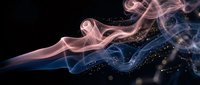 Abstract flowing smoke waves in pink and blue colors with sparkling particles on black background for digital art and creative design projects.