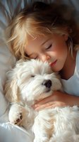 Young girl with blonde hair cuddling white Maltese puppy while sleeping peacefully on white bedding, creating tender moment of companionship and innocent childhood bond.