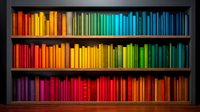 Colorful books arranged by spectrum colors on wooden shelves creating rainbow pattern against dark background. For interior design, education and library concepts.