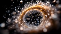 Macro photography of golden ring surrounded by water droplets and bokeh effect on dark background, creating magical atmosphere for wedding and jewelry designs.