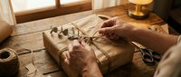 Hands tying twine on kraft paper wrapped gift box with scissors and natural materials on wooden table for holiday wrapping and present preparation.