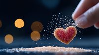 Magical sugar heart sprinkled with sparkles floating against blurred golden bokeh lights. Romantic food photography with crystalline sugar falling in dark setting.