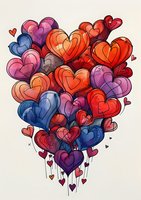 Watercolor heart balloons in red, blue and purple shades floating upward with delicate drips and small floating hearts creating romantic Valentine's Day composition.