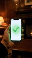 Hand holding smartphone displaying green checkmark on white screen in warm home interior setting for success and approval concepts.