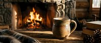Cozy winter scene with steaming coffee mug by warm fireplace, soft blanket and pinecones creating hygge atmosphere for relaxation and comfort at home.