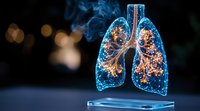 Glowing anatomical lungs with luminous bronchial tree structure and alveoli on dark background with bokeh lights and smoke effects, medical science visualization.