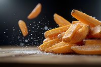 Fresh baby carrots with sprinkled salt captured in dramatic lighting on wooden surface, macro food photography showing texture and seasoning in motion.