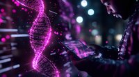Glowing pink DNA helix hologram with scientist analyzing genetic data on digital tablet in dark laboratory with bokeh lights and particle effects.