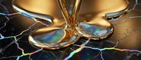 Golden liquid metal splash with iridescent rainbow reflections on cracked dark surface creating abstract futuristic design for digital art projects.