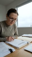 Senior Caucasian woman with glasses reading documents at wooden desk by window, focused on paperwork in bright office setting for business concepts.