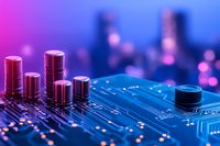 Electronic components on blue circuit board with pink and purple gradient lighting effect, macro photography showing capacitors and microchips.