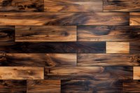 Rich brown wooden parquet flooring with natural grain pattern and knots, featuring dark walnut tones and contrasting light streaks in staggered layout.