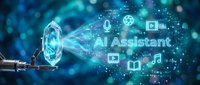 AI assistant concept with glowing holographic interface and digital icons on futuristic blue technology background for smart automation solutions.