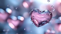 Water splash forming heart shape with pink and blue bokeh background, frozen moment of liquid dynamics creating romantic symbol surrounded by droplets.