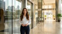 Professional businesswoman standing confidently in modern office lobby with glass walls and city skyline view, corporate environment for business success.