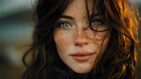 Young woman with freckles and striking green eyes looking directly at camera with tousled brown hair in natural outdoor lighting for portrait photography.