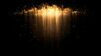 Magical golden light rays falling from above with glowing particles and sparkles on black background, creating atmospheric celestial effect.