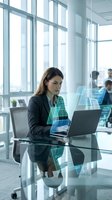 Young woman of mixed ethnicity wearing dark business blazer working on laptop at glass desk in modern office with holographic data visualization overlays, colleagues blurred in background by windows.