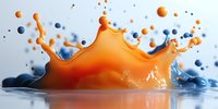 Orange and blue liquid crown splash with droplets creating dynamic motion effect against light background, high-speed photography style composition.