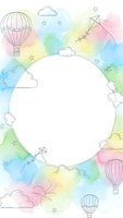 Watercolor frame with hot air balloons, kites, clouds and stars on pastel rainbow background. Circular white space for text or design elements.