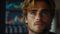Young male trader with blue eyes and blonde wavy hair looking at financial market charts and data analytics on blurred background. Close-up portrait in dramatic lighting.