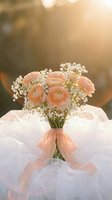 Elegant peach ranunculus bridal bouquet with baby's breath and silk ribbon on white tulle fabric in warm golden sunlight for wedding celebration.