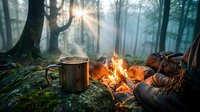 Camping scene with metal mug and hiking boots by crackling campfire in misty forest. Morning sunlight filters through trees creating atmospheric outdoor adventure.