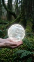 Hand holding transparent crystal sphere in lush green forest with ferns and moss, mystical nature scene for meditation and spiritual wellness concepts.