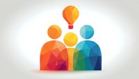 Colorful low poly geometric figures representing diverse team with bright idea lightbulb, symbolizing innovation and collaboration in business settings.