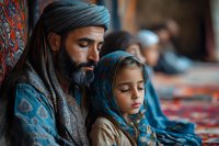 Middle Eastern man with turban and beard sitting with young girl in headscarf, both in traditional clothing against colorful carpet background in prayer or meditation setting.
