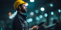Bearded construction worker in yellow hard hat using digital tablet at night, illuminated by industrial lights in manufacturing facility.