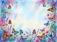 Colorful butterflies and flowers frame with watercolor background creating decorative border for spring design projects and nature themed artwork.