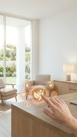Hand touching glowing wellness icons in modern living room interior with natural light, wooden furniture, and green garden view through large windows for healthcare technology concepts.